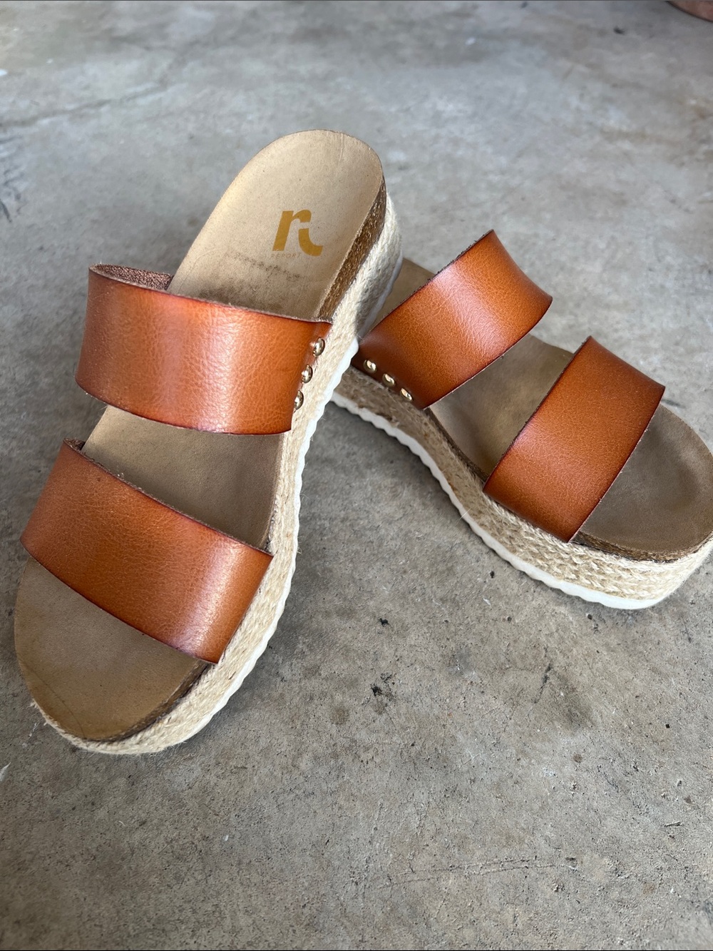 Collection Women's Tan Leather Double-Strap Espadrille Slide